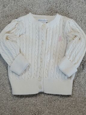 Ralph Lauren Cream Cable Knit Button-Up Cardigan with Pink Polo Pony. 6 Months